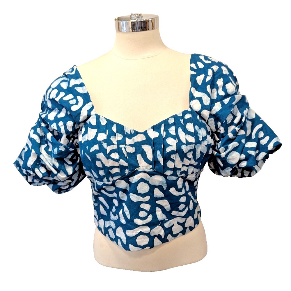 Sika Printed V-neck Crop Top Zip Back Puff Sleeve Size 10‎ EUC
